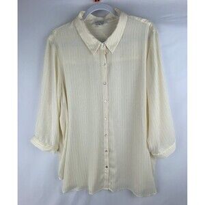 Rose Olive Blouse Shirt Top Womens 1X Light Yellow Silver Stripe Button Flowy‎
